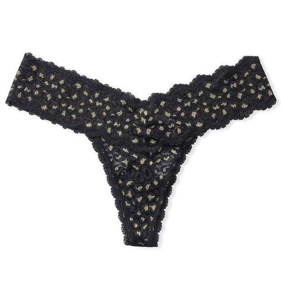 NWT (XXL) Victoria’s Secret Sparkly Black Lace Thong Panty Gold Shimmer Animal P - Picture 1 of 6
